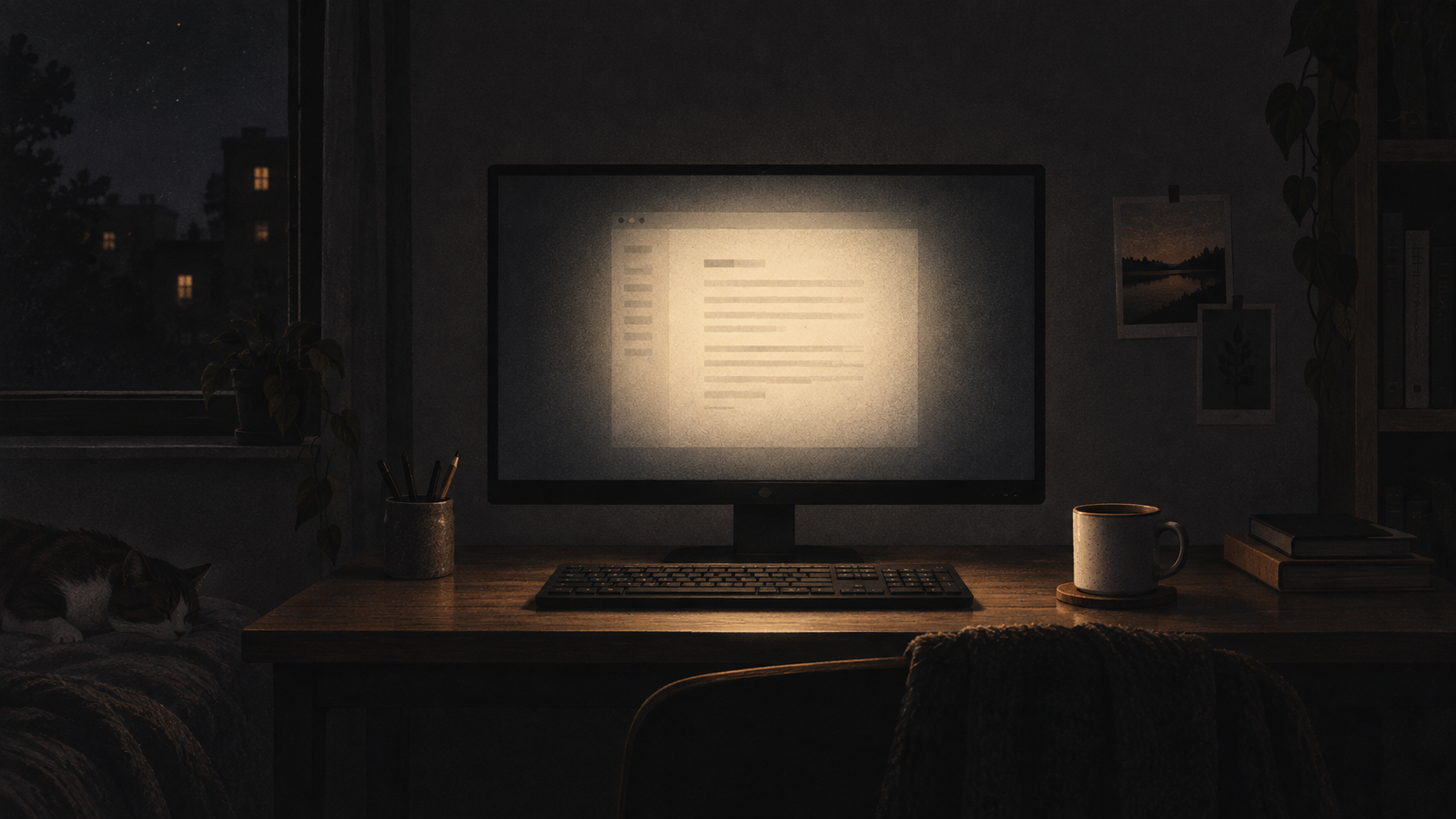 A desk at night with a softly vignetted computer display